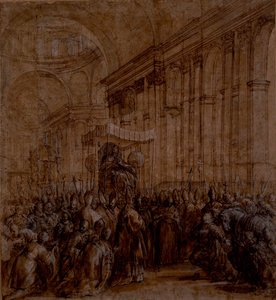 Urban VIII bar ned skipet til St. Peters (penn og brunt blekk med kroppsfarge på papir) av Pietro da Cortona