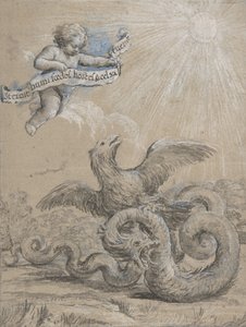 Design med en ørn som kjemper med en slange og en putto i himmelen Holding..., 1600-tallet. av Pietro da Cortona