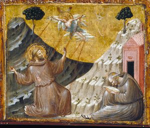 St. Francis mottar Stigmata (tempera og gull på tre)