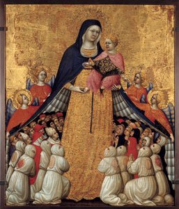 The Virgin of Misericorde: Altertavle av Pietro da Recanati, kjent som Pietro di Domenico da Montepulciano (aktiv 1418 død mellom 1427 og 1432) Mål 0,54 x 0,43 m. Avignon, Musee du Petite Palais - The Virgin of Mercy. Altertavle av Pietro da Recanati av Pietro di Domenico da Montepulciano