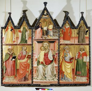 Polyptyk av jomfru og barn med hellige. Øverst til venstre: Den hellige Katarina av Alexandria og den hellige Maria Magdalena. I sentrum rundt Kristus på korset med inskripsjonen ""INRI"" (I.N.R.I.). Jomfru Maria og Johannes. Øverst til høyre: S av Pietro di Giovanni Lianori