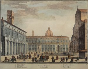 Italia, Bologna, Piazza Maggiore eller Piazza Grande, av Pio Panfili, gravering av Pio Panfili