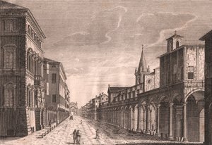Utsikt over Strada Maggiore i Bologna, Emilia-Romagna, Italia, kobberstikk av C Lambertini etter en tegning av Pio Panfili (1723-1812), ca 13,5x19 cm av Pio Panfili