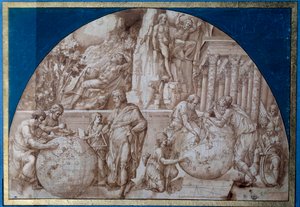 Astronomi allegori. Forskere tar målinger på jordkloder. Tegning med brunt blekk av Pirro Ligorio (ca. 1500-1583) Paris fra 1500-tallet, Louvre-museet