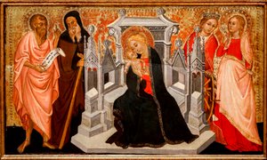 Madonna og barn med hellige. 1400-tallet (Tempera på tre) av Pittore Marchigiano