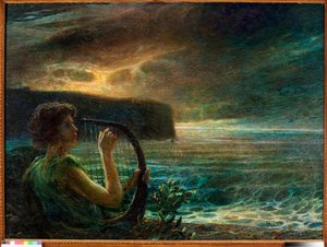Fullmåne, hyllest til en feminin guddom, spiller lyre i et havlandskap med stormfull himmel (olje på lerret