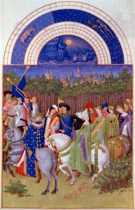 Cortege av adelsmenn og musikere til hest, utsikt over hertugpalasset i Riom (?) og mai måned. Flamsk miniatyr av Pol De Limburg (1400-tallet) fra manuskriptet "The very rich hours of the Duke of Berry"" av Pol de Limbourg