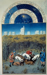 Desember: jaktscene. I bakgrunnsbildet av Vincennes flamske miniatyr av Pol De Limburg (1400-tallet) fra manuskriptet "The very rich hours of the Duke of Berry""