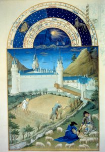Juli: "" Le chateau de Poitiers, scene for høsting og klipping""" Flamsk miniatyr av Pol De Limburg (1400-tallet) fra manuskriptet "" The very rich hours of the Duke of Berry"""