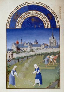juni: høy. På baksiden, palasset til det flamske miniatyrkapellet i Pol De Limburg (1400-tallet) fra manuskriptet "The very rich hours of the Duke of Berry""