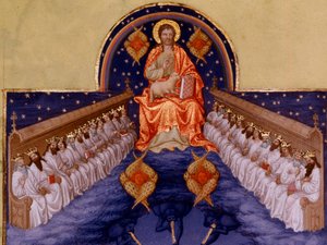 Saint John a Patmos. "" Miniatyr i "" The very rich hours of the Duke of Berry"" av Pol De Limburg (1400-tallet). Chantilly, Musee Conde