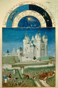 September: høsting. I bakgrunnen slottet Saumur Miniature Flemish av Pol De Limburg (1400-tallet) fra manuskriptet "The very rich hours of the Duke of Berry""