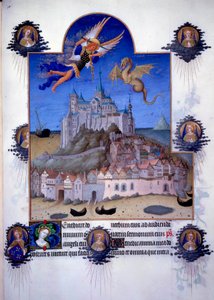Utsikt over Mont Saint Michel (Mont-Saint-Michel): erkeengelen Saint Michel og dragevingen er representert som kjemper i luften. Flamsk miniatyr fra Pol de Limburg fra «The Book of Good Moors»» av Jacques den store (1360-1415/1418), dedikert til Johannes