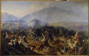 Beleiringen av Akhty i 1848. Kampscene i fjellene i Nord-Kaukasus, mellom den russiske hæren og troppene til Imam Shamil (Shamil) (1797-1871), som ledet sine krigere i et ønske om uavhengighet og av religiøse grunner ( Jihad). Malt av Polidor Ivanovich Babaev