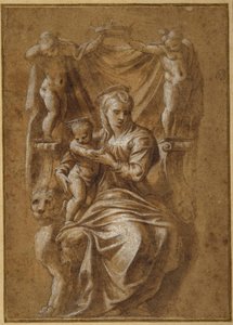 The Madonna and Child troner (penn og brunt blekk med kroppsfarge på papir) av Polidoro da (follower of) Caravaggio