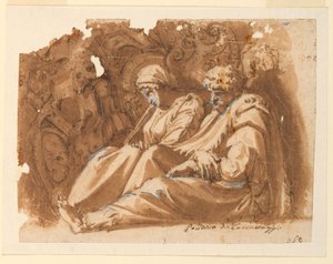 Sittende figurer med trofé av Polidoro da Caravaggio