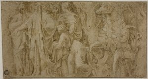 Historien om Niobe: Niobe mottar gaver fra tilbedere; Ungdom med hest av Polidoro da Caravaggio