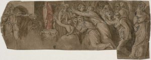 Historien om Niobe: Prester og tilbedere foran en statue av Niobe