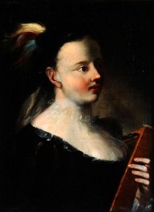 Dame med Kitara (olje på lerret) av Polish School
