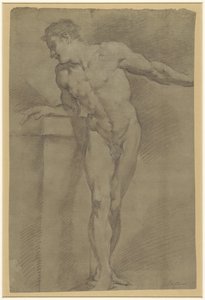 Studie av en stående mannlig modell lent mot en brystning av Pompeo Batoni