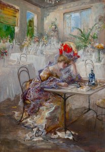 Et brev (eller Lady at the Cafe) av Mariani, Pompeo (1857-1927). Olje på papp, størrelse: 49x34