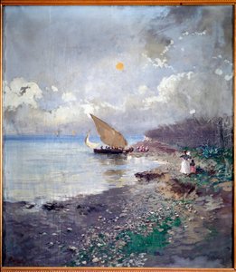Tilbake fra fiske Strandmaleri av Pompeo Mariani (1857-1927) 1898 Dim 115x100 cm Genes, Galleria d