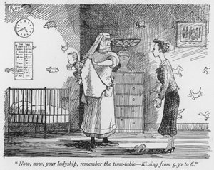 "Nå, nå, din dame, husk timeplanen, Kyssing fra 5.30 til 6" (litho) av Pont