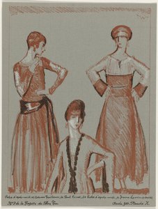 Gazette du Bon Ton, 1921 - nr. 3, Pl. X: Ettermiddagskjole og skreddersydd dress, av Paul Poiret, og ettermiddagskjole, av Jeanne Lanvin (tittel på objekt) av Porter Woodruff