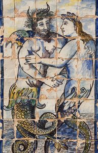 Azulejos-fliser i palasshagen som viser sjødyr (keramikk) av Portuguese School
