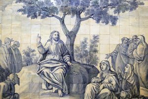 Barmhjertighetskirken. Azulejos. Bergprekenen. Jesus. Evora. Portugal. av Portuguese School