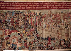 Erobringen av Afrika: "" Erobringen av Asilah (Arzila) i Marokko i 1471 av den portugisiske flåten""" Fragment av et billedvev fra den portugisiske skolen fra 1500-tallet. Lisboa, Nasjonalmuseet for antikk kunst av Portuguese School