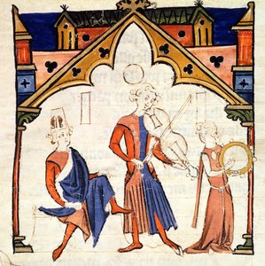 Fol.6r Musicians Playing a Viola and a Tambourine, fra Chansonnier des Nobles av Portuguese School