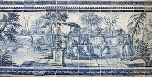 Fruktsmaking nær en innsjø i Asia - Azulejos, malt fajanse av Portuguese School