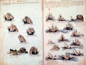 Manuskriptside "" Minnesmerker over armadaene i Portugal under kong Manuel I (1469-1521)"" som representerer de portugisiske flåtene. 1523 B.N. Paris av Portuguese School