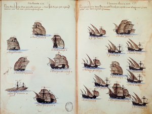 Manuskriptside "" Minnesmerker over armadaene i Portugal under kong Manuel I (1469-1521)"" som representerer de portugisiske flåtene av Portuguese School