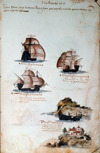 Manuskriptside "" Minner om armadaene i Portugal under kong Manuel I (1469-1521)" som representerer de portugisiske flåtene av året 1497. 1500 Lisboa, Nasjonalmuseet for antikk kunst av Portuguese School