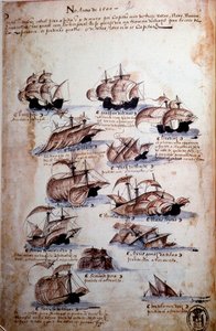 Manuskriptside "" Minner om armadaene i Portugal under kong Manuel I (1469-1521)" som representerer de portugisiske flåtene av året 1497. 1500 Lisboa, Nasjonalmuseet for antikk kunst av Portuguese School