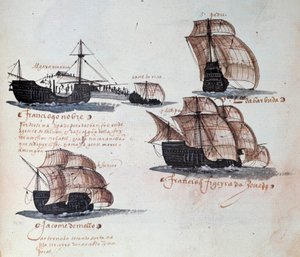 Minnesmerker over Armadas i Portugal under kong Manuel I (1469-1521): representasjon av karavellene til den portugisiske flåten. Miniatyr fra et manuskript fra 1497. Lisboa. Nasjonalmuseet for antikk kunst av Portuguese School