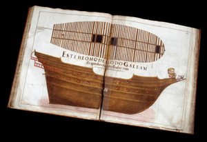 Sjøarkitektur: side av den arkitektoniske avhandlingen (Livro de Tracas de Carpintaria) av Manuel Fernandez: kutte et skip av Portuguese School