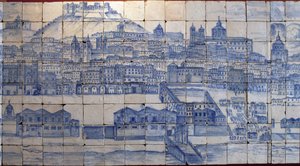 Panoramautsikt over Lisboa, før jordskjelvet i 1755 - Azulejos begynnelsen av 1700-tallet, panelvarsel om det tidligere palasset til grevene av Tentugal, Lisboa (Stor Lisboa-panorama før jordskjelvet i 1755, fajanse tidlig på 1700-tallet, gammelt palass