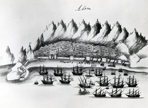 Portugisisk angrep på Aden, illustrasjon fra Legends of India av Gaspar Correia, ca. 1858 av Portuguese School