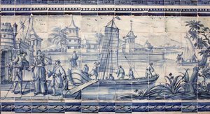 Scene ved bredden av en elv i Asia - Azulejos, malt fajanse av Portuguese School