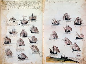 Krigsskip. Minner om armadaene i Portugal under kong Manuel I (1469 - 1521). Manuskript fra 1505. Paris. BN av Portuguese School