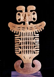 Pre-colombiansk kunst: Antropomorfisk anheng. Juvel av Tolima-kulturen (regionen i Colombia) i støpt gull laget mellom det 5. og 10. århundre. Metropolitan Museum of Art, New York.