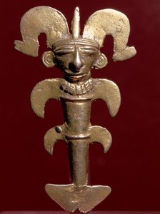 Pre-colombiansk kunst, Quimbaya-sivilisasjonen (Colombia): antropomorfisk anheng i gull. 400-1400 e.Kr. Bogota, Museo de Oro, Colombia