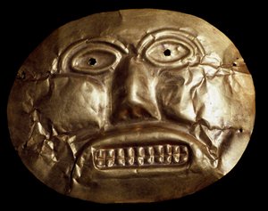 Den førkolumbianske sivilisasjonen Calima: begravelse med gyllen maske. 7.-15. århundre Bogota, Gold Museum Colombia - Pre-columbian kunst, Calima-kultur (7.-15. e.Kr.): begravelsesgullmaske - Bogota, Gold Museum Colombia - Pre-columbiansk kunst, Calima-ku
