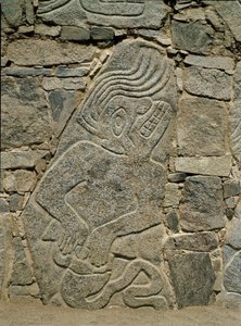 Vegg med relieff av en kriger av Pre Columbian Pre Columbian