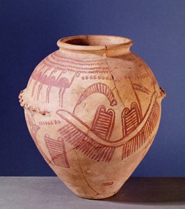 Vase som viser to helligdommer på en lekter, ca. 3500 f.Kr. (keramikk)