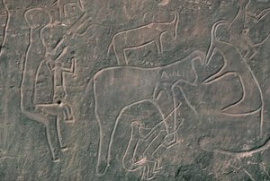 Menneskefigurer og dyr (fjellmaleri) av Prehistoric