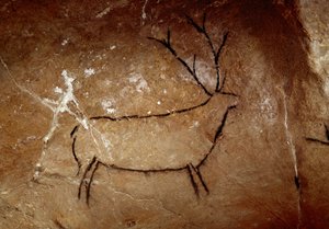 Forhistorie: en hjort. Øvre paleolittisk hulemaleri (magdalensk) (16 500 og 14 000 år siden). Alder av stein. Cave of Las Chimeneas, Monte Castillo, Spania